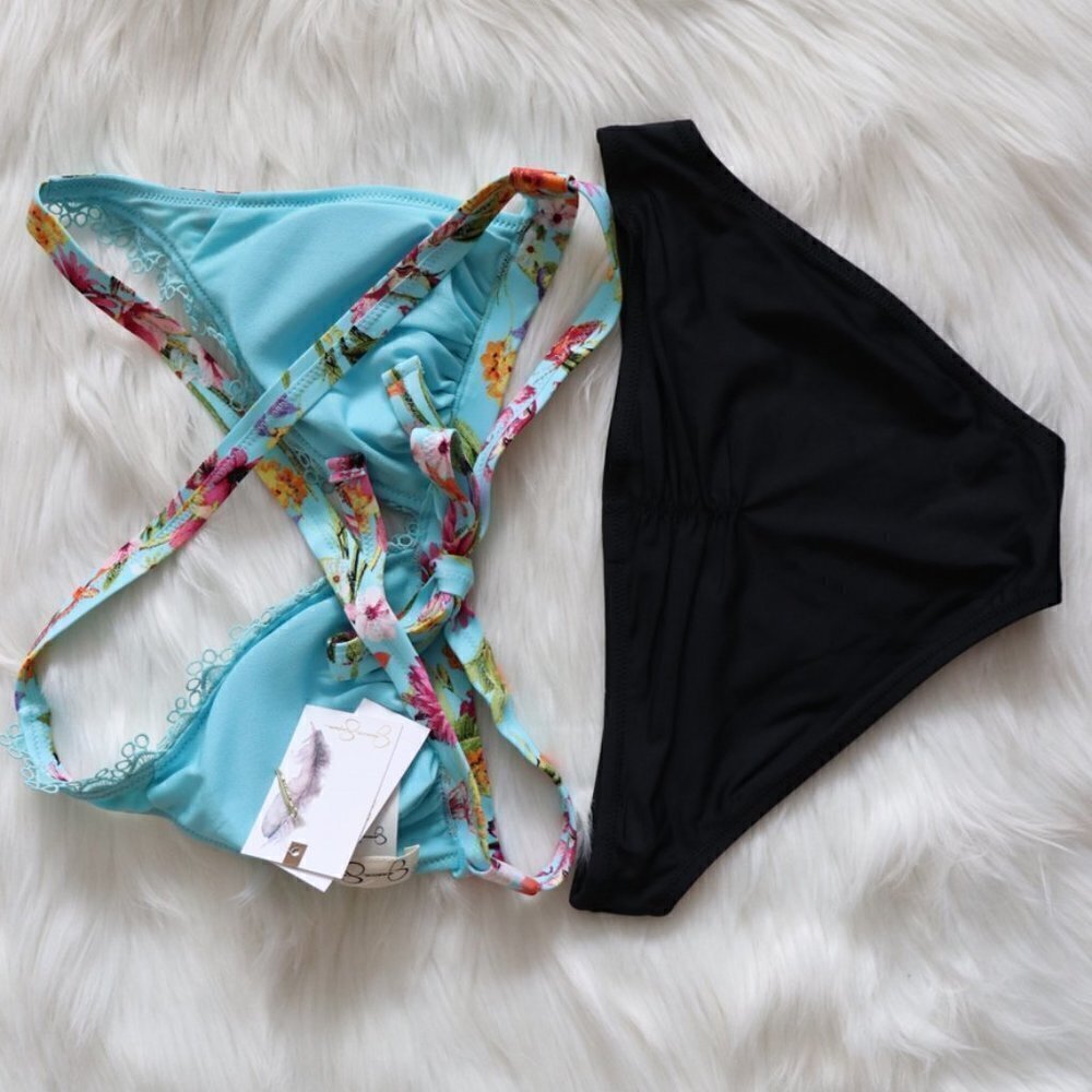 NEW Blue Black Floral Print Eden Print Lace Bikini Swim Set Size Small - Picture 4 of 8